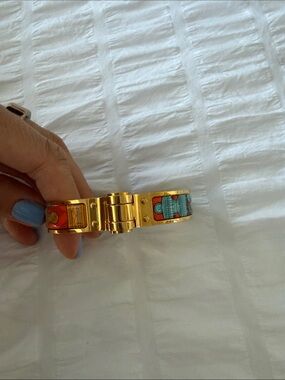 Hermes Printed Enamel Hinged bracelet Orange and Turquoise and Gold
